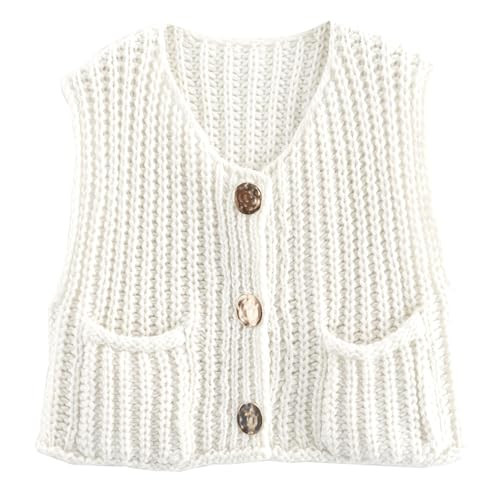 Keeliya Womens Sweater Vest Fall Chunky Knit Top Gold Button Down Cropped Sleeveless Knitted Sweater Cardigan with Pockets(White,S) | Amazon (US)