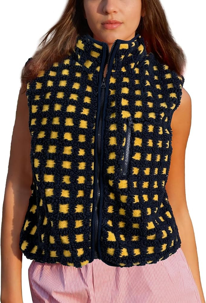 Womens Checkered Sherpa Vest Sleeveless Winter Fleece Jacket High Neck Zip Up Plaid Gilet with Ch... | Amazon (US)