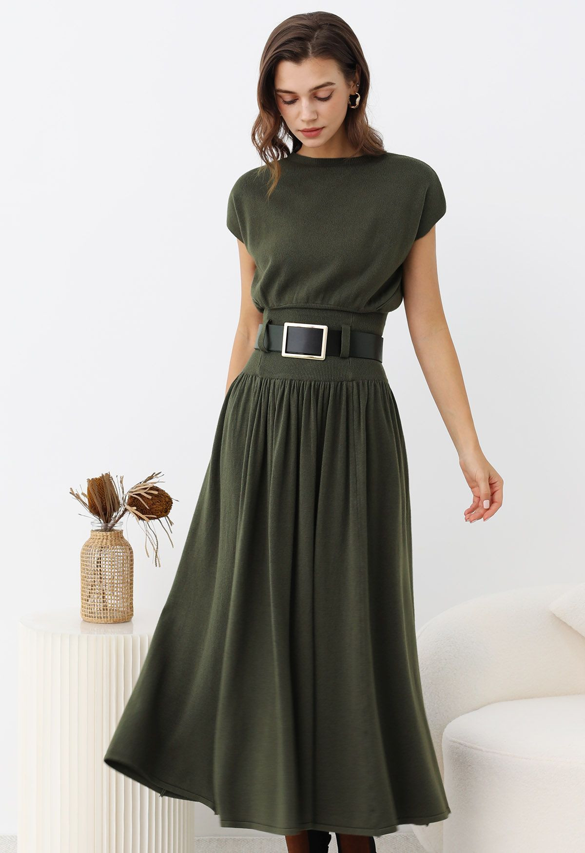 Gentle Knit Top and Belted High Waist Skirt Set in Army Green | Chicwish
