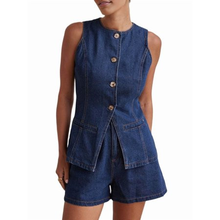 Female Denim 2 Piece Set Casual Business Sleeveless Jean Blazer Vest Tops and Shorts Outfit Tracksuits Dark Blue XXL | Walmart (US)