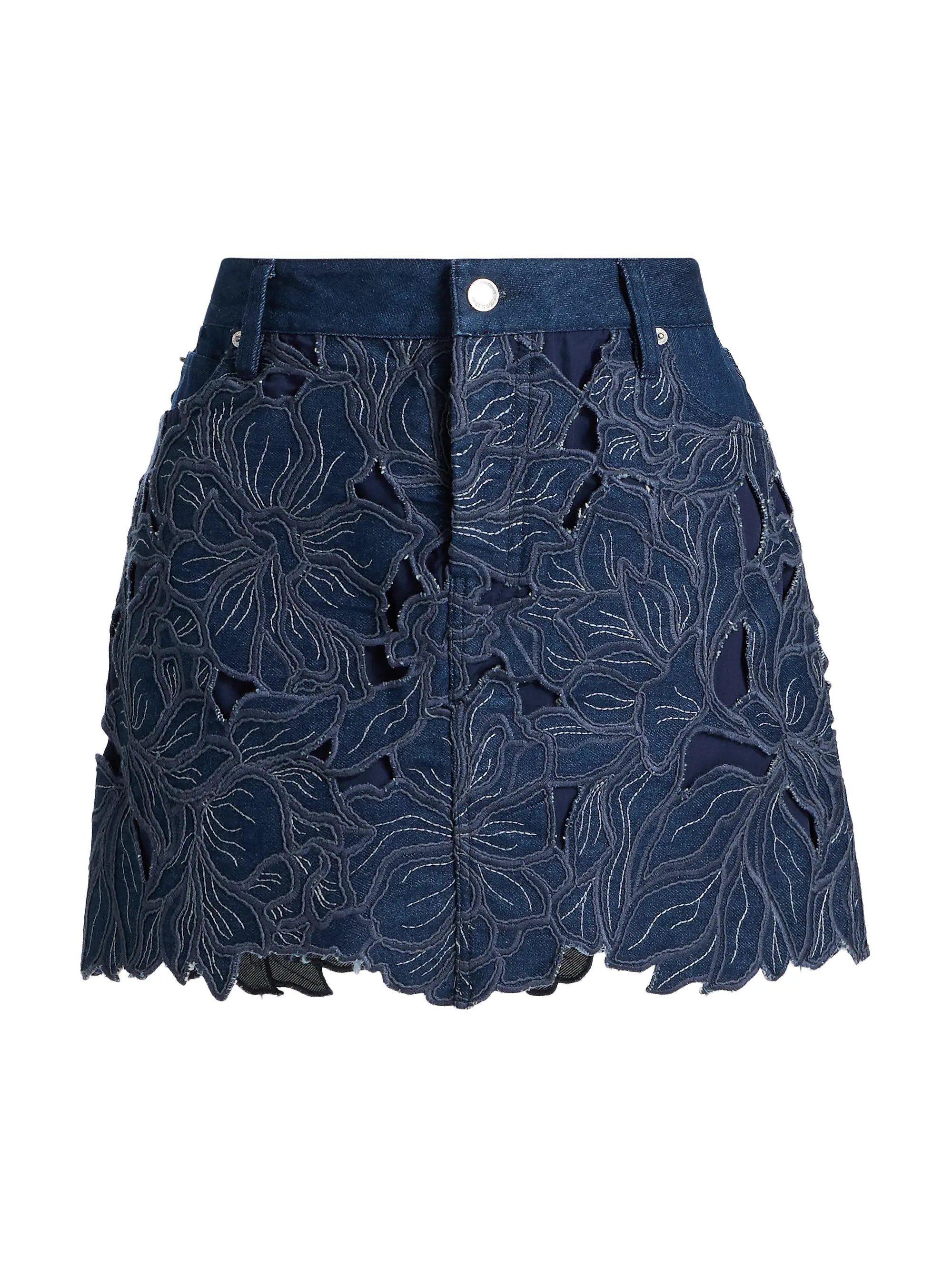 SIMKHAI Winnie Floral-Appliqué Denim Miniskirt | Saks Fifth Avenue | Saks Fifth Avenue