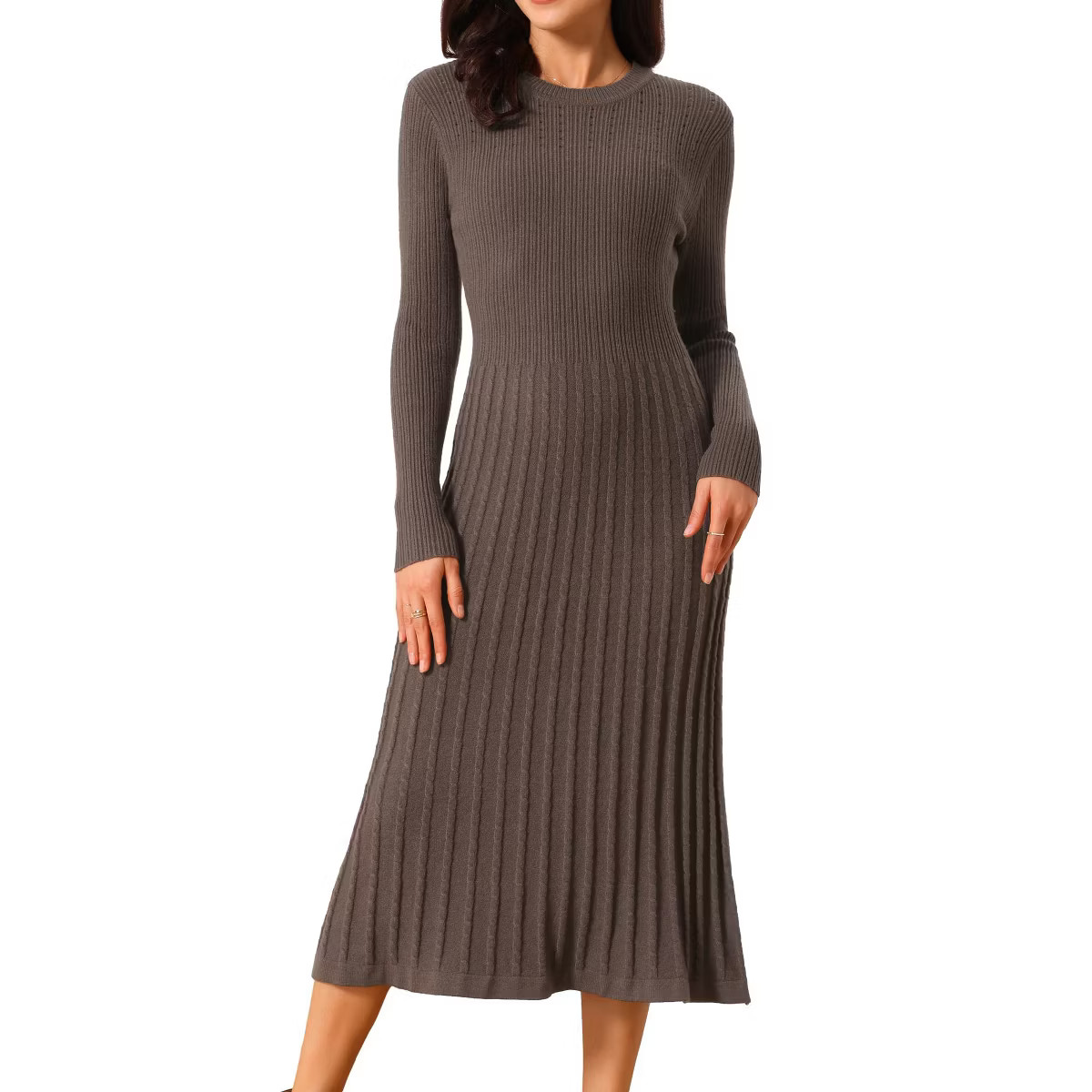 INSPIRE CHIC Women's Crewneck Knit Long Sleeve Midi Ribbed A-Line Sweater Dress | Target