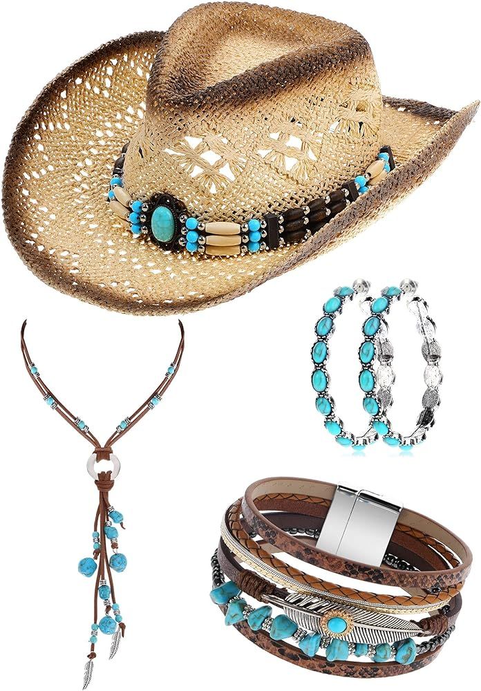 Janmercy 4 Pcs Boho Jewelry Set Straw Cowboy Hat with Vintage Synthetic Turquoise Necklace, Brace... | Amazon (US)