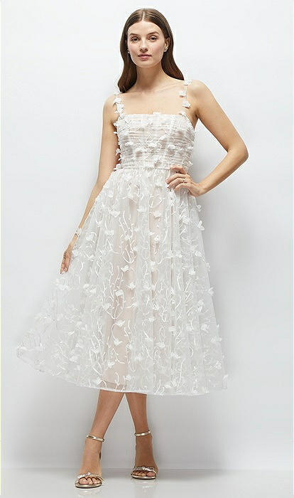 3D Floral Embroidered Little White Midi Dress with Nude Corset Underlay in Ivory | Dessy Group