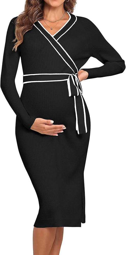 V FOR CITY Maternity Sweater Dress Long Sleeve Wrap V Neck Knit Pregnancy Dresses for Baby Shower... | Amazon (US)