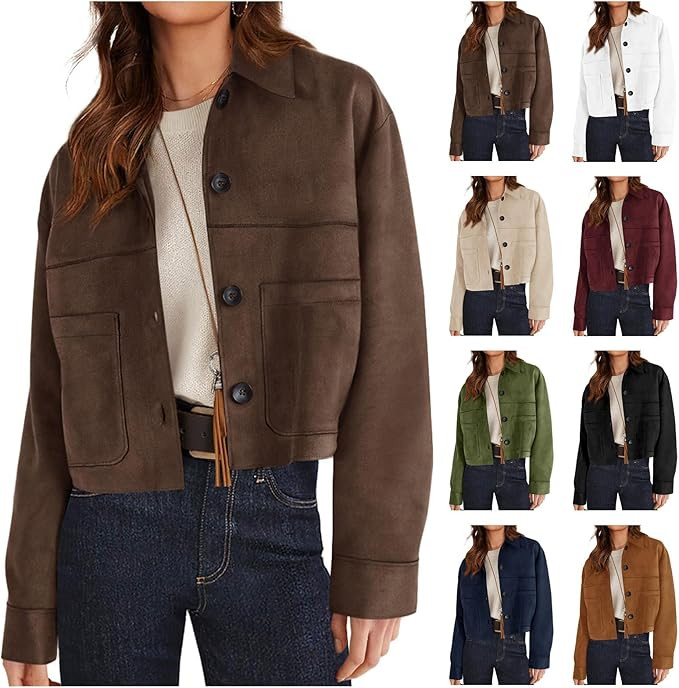 Faux Suede Jacket for Women 2025 Cropped Lightweight Long Sleeve Work Office Coat Casual Trendy F... | Amazon (US)