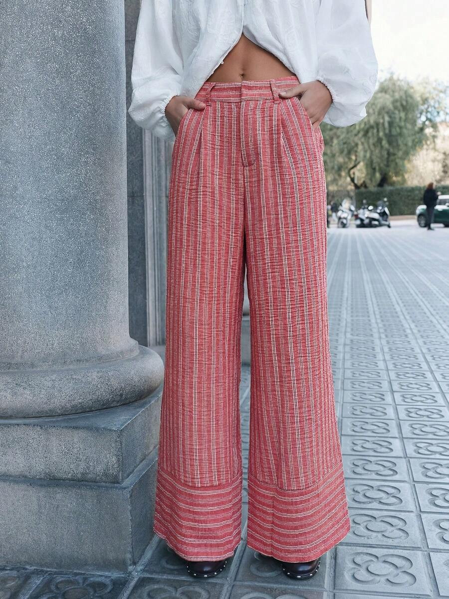 Nöista Mid-Rise Striped Pants With Relaxed Fit. Summer, Fall, Festival, Resort, Travel Style. | SHEIN
