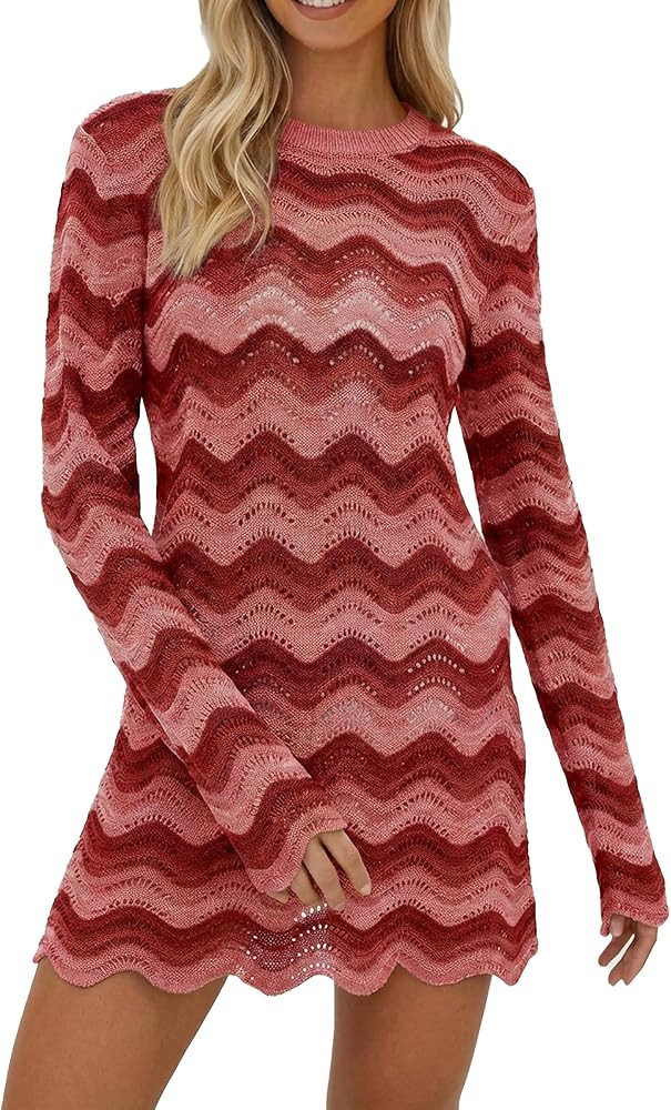Women's Crochet Colorful Mesh Summer Long Sleeve Cover Ups Casual Striped Beach Wear Knit Mini Dr... | Amazon (US)