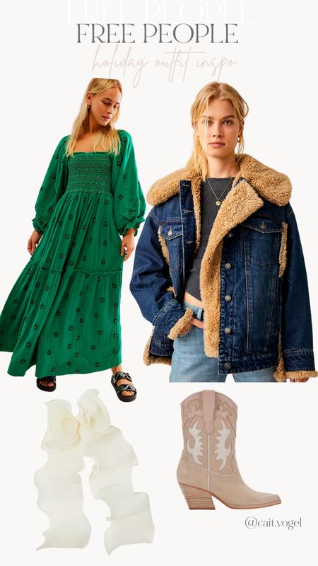 Holiday outfit inspo
Jean sherpa jacket xs
Green feee people dress cs
Bow 
Cowyboy boots