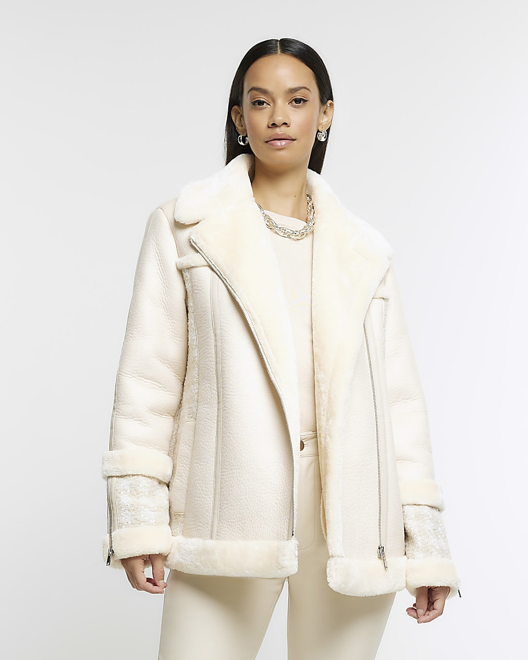 Cream boucle shearling aviator jacket | River Island (UK & IE)