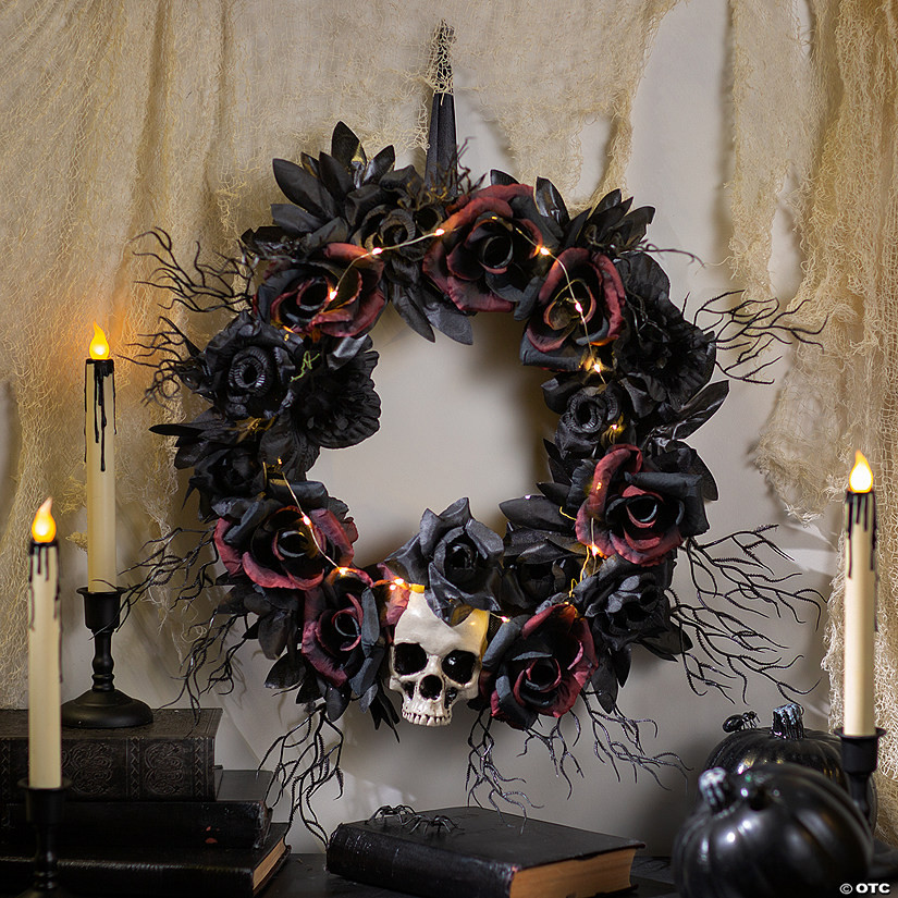 23 1/2" Light-Up Dead Roses & Skull Halloween Wreath Decoration | Oriental Trading Company
