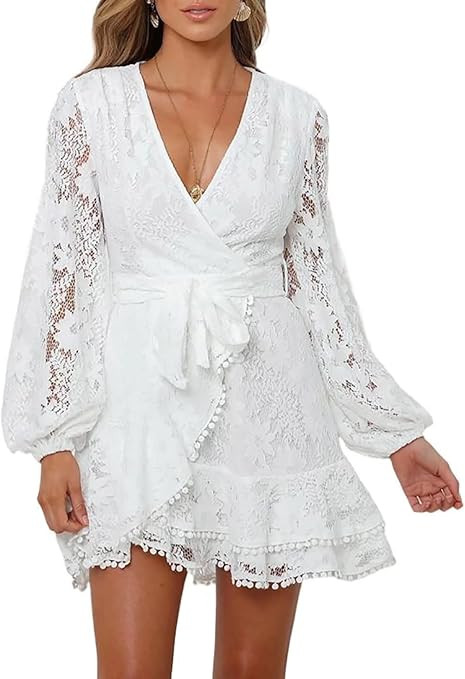 FARYSAYS Womens Lace Wrap Mini Dresses Floral V Neck Ruffle Short Dress with Belt | Amazon (US)