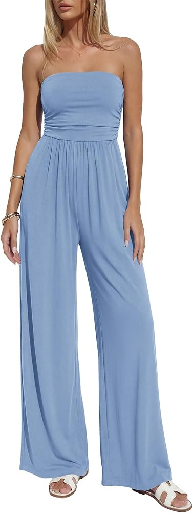 BTFBM Jumpsuits For Women Summer 2026 Beach Vacation Strapless Tube Top Jumpsuit Ruched Casual Wi... | Amazon (US)