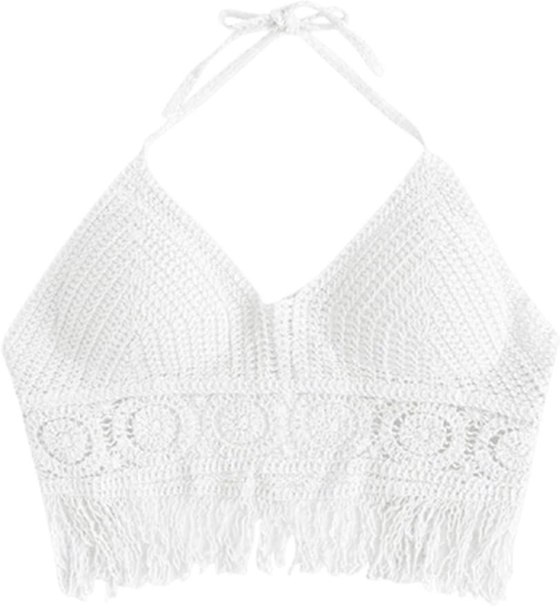 ZAFUL Womens Halter Fringed Trim Crochet Knit Bralette Top | Amazon (US)