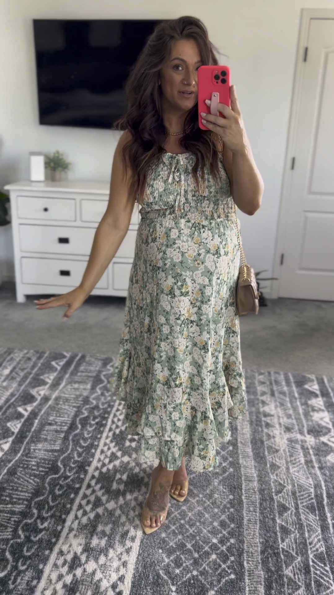End of summer dress on sale! Wedding guest dress, shower dress, brunch, church, and more!  True to size. 10/10 quality, double lined, and smocked top! Non maternity but bump friendly 👍 

#LTKBump #LTKVideo #LTKSaleAlert