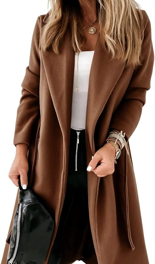Womens Classic Coat Lapel Collar Open Front Belted Long Jacket | Amazon (US)