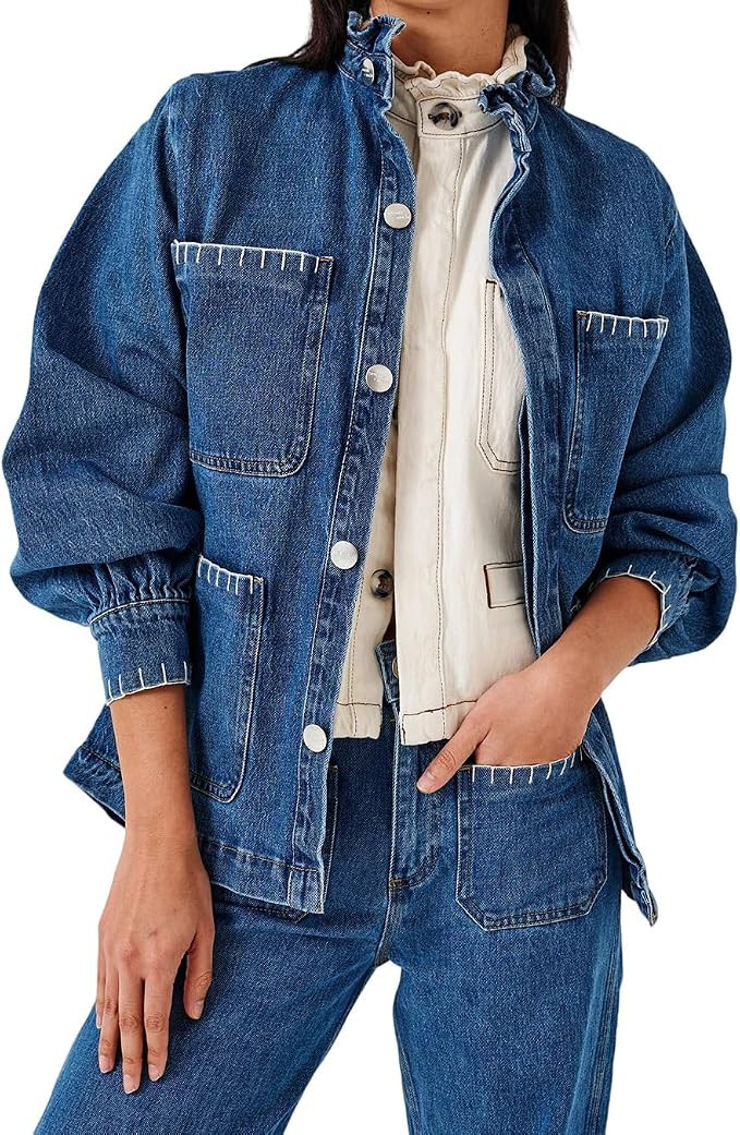 Mxiqqpltky Jean Jacket Women Y2K Ruffle High Neck Puff Sleeve Button Down Denim Shirt Boyfriend D... | Amazon (US)