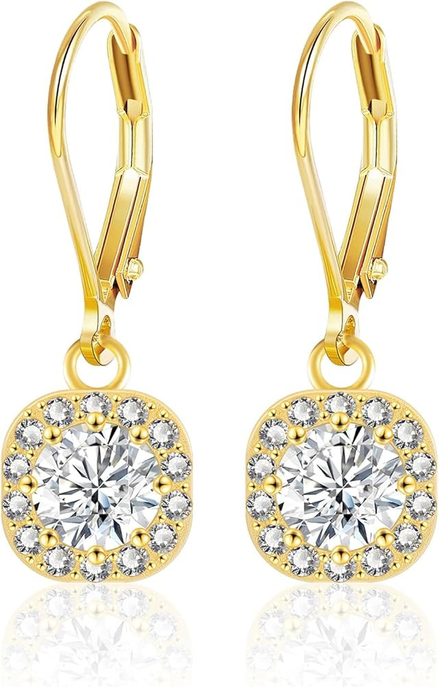 ALEXCRAFT Sterling Silver Leverback Dangle Drop Earrings for Women, Cubic Zirconia Small Round Sq... | Amazon (US)