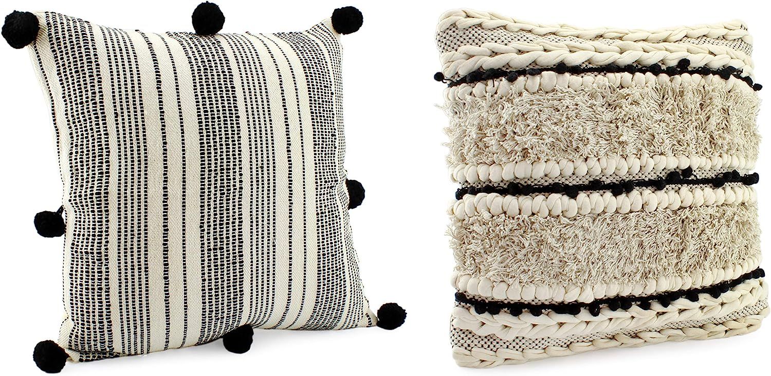 AuldHome Boho Farmhouse Throw Pillow Covers, 16 x 16 Black and Off White | Amazon (US)