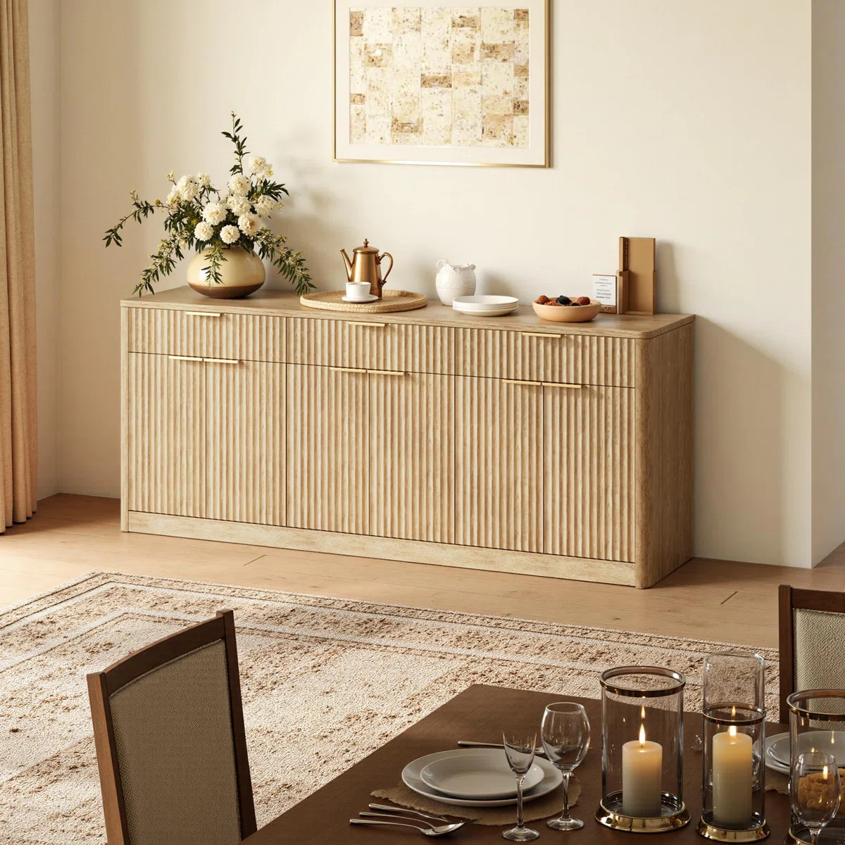 67" Oak Fluted Sideboard Buffet Cabinet With 3 Drawers For Kitchen, Living Room And Entryway | Wayfair North America