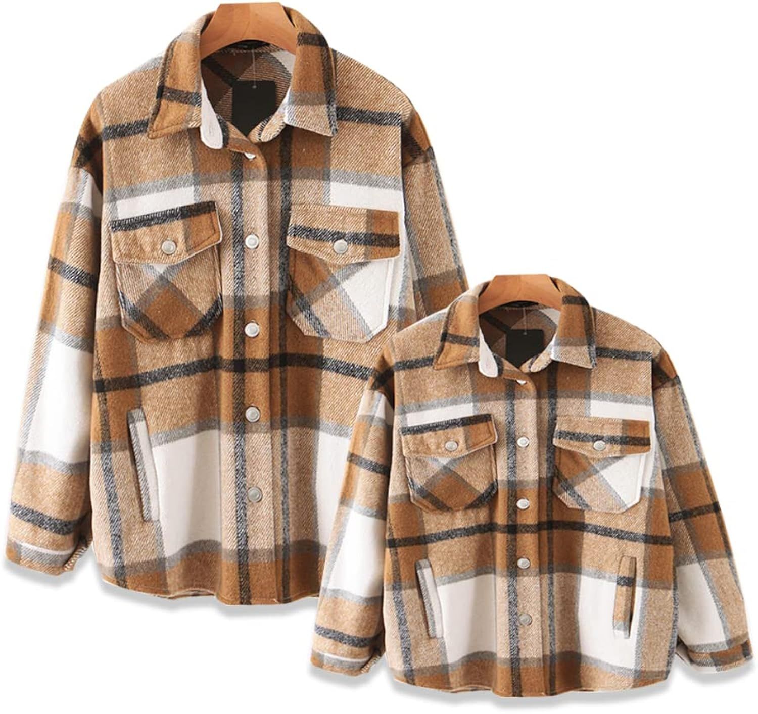 Flannel Family Women’s Girl’s Plaid Jacket Shacket Long Sleeve Button Down Fall Casual Checked Shirt | Amazon (US)