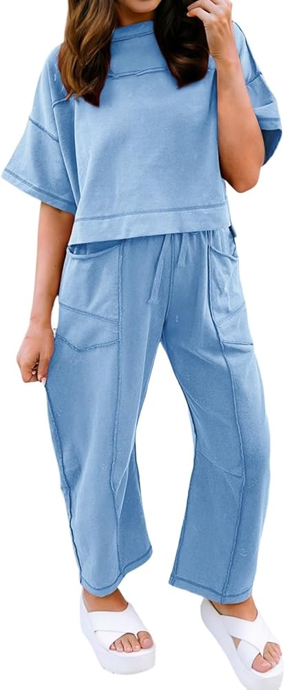 Ecosunny Womens 2 Piece Lounge Sets Matching Sets Drop Shoulder Boxy Tee and Barrel Pants Set Swe... | Amazon (US)