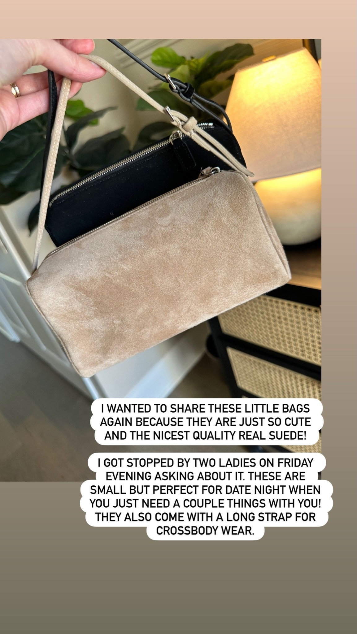 Suede Mini Bags. Look just like the Row 90’s bag but way less. 100% real suede and leather lined.