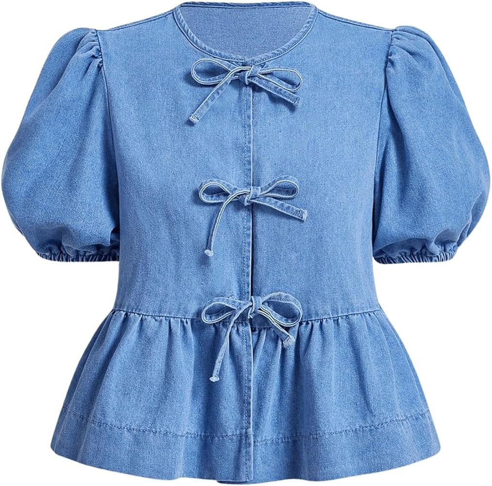 Verdusa Women's Y2k Denim Peplum Blouse Shirt Short Sleeve Tie Front Ruffle Babydoll Tops | Amazon (US)