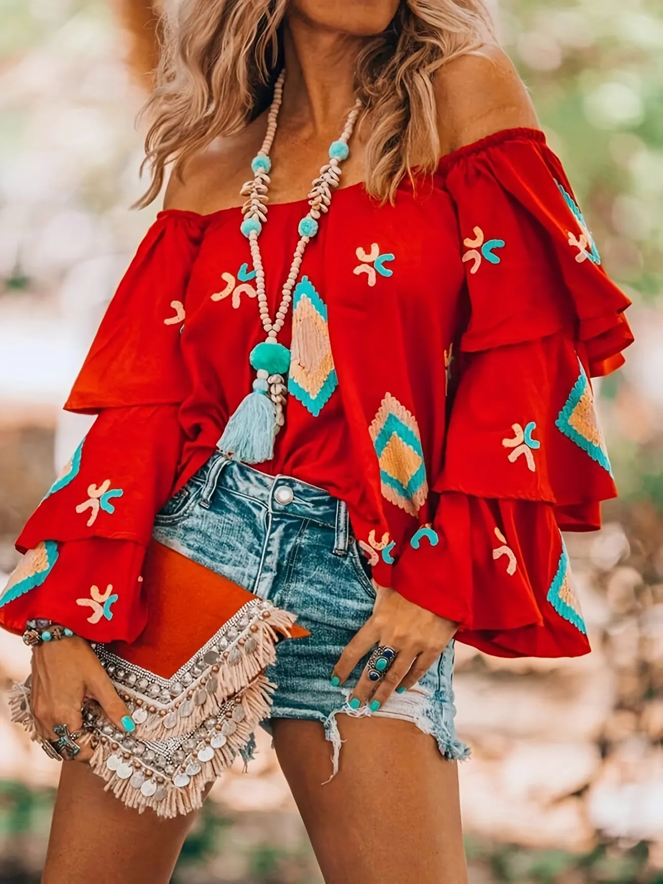 Geo Print Off Shoulder Blouse, Boho Layered Long Sleeve Blouse, Women's Clothing | Temu Affiliate Program