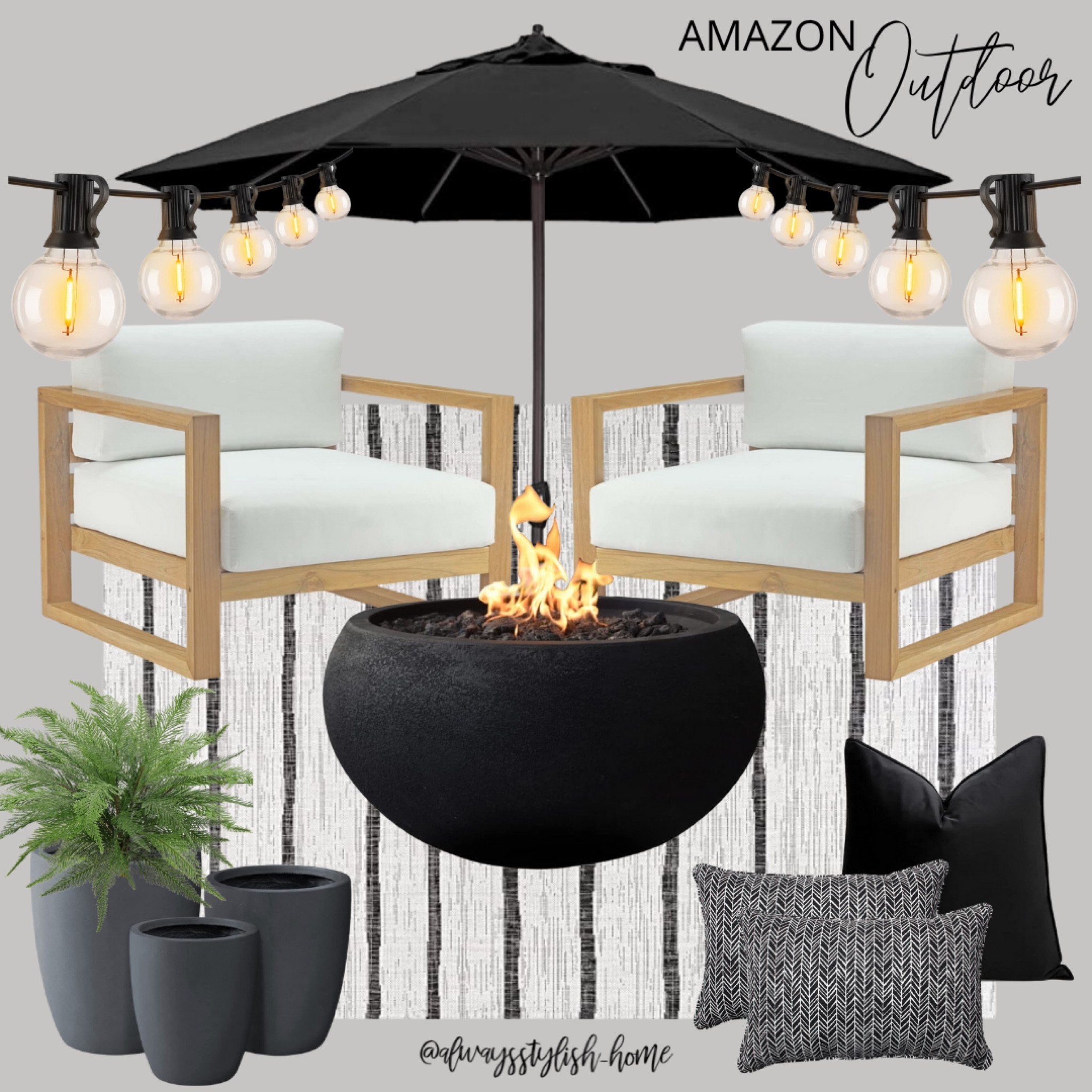 Outdoor decor, conversation set, black fire table, black umbrella, string lights, black concrete planters, ferns, accent throw pillows, backyard patio



#LTKhome #LTKSeasonal