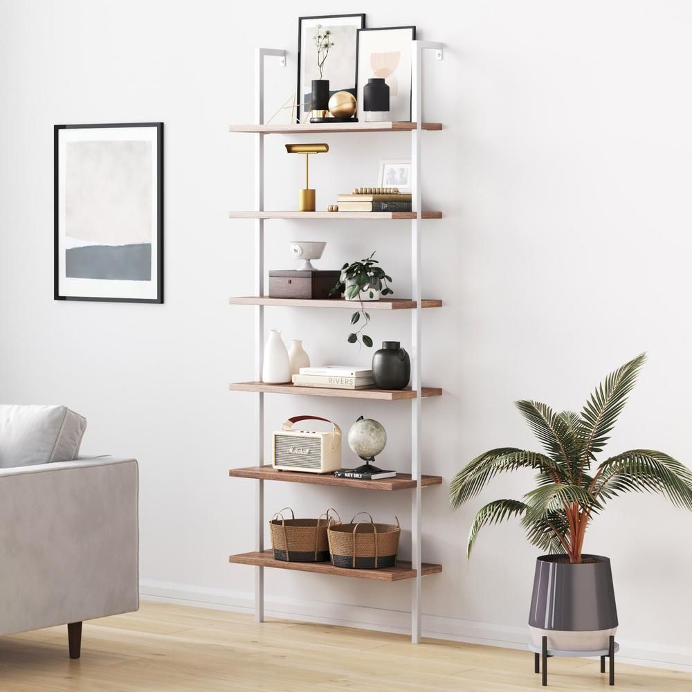 Theo Walnut Brown 5-Shelf Ladder Bookcase or Bookshelf with Black Metal Frame | The Home Depot