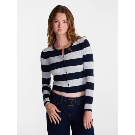 No Boundaries Cable Knit Crewneck Cardigan, Women's XXS-4X | Walmart (US)
