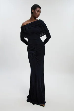 Drapey Crepe Off The Shoulder Ruched Detail Fishtail Maxi Dress | Karen Millen UK + IE + DE + NL