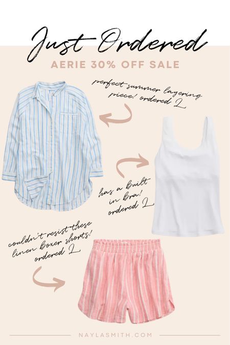 Aerie order - 30% off sale with code SATURYAY30

Pink striped linen boxer shorts, striped button up shirt, white tank with built in bra. Ordered my usual size L in everything 

Summer fashion, summer outfits


#LTKcanada #LTKstyletip #LTKmidsize