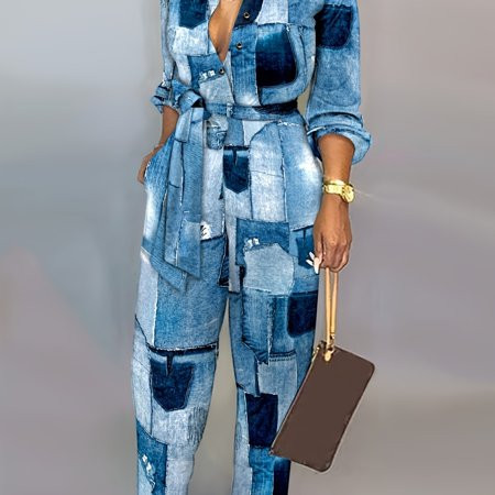 Plus Size Fake Denim Print Deep V Neck Long Sleeve Jumpsuit With Belt Women‘s Plus High Waist Casual | Walmart (US)