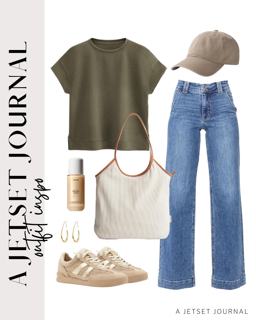 This green cap-sleeve tee from EVALESS goes well with wide-leg straight jeans. This outfit is perfect for outdoor adventures or just a simple errand day. Wear these Steve Madden sneakers and baseball cap to style the fit, then finish the look with PHLUR's Beach Skin Shimmering Body Oil.

#LTKSeasonal #LTKSaleAlert #LTKTravel
 

 