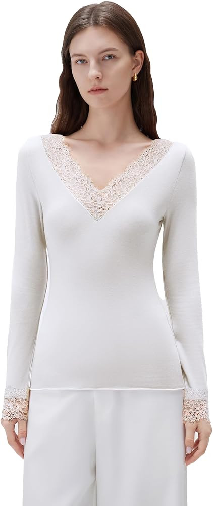 SUUKSESS Cloud Cashmere Women Basic Tops V Neck Boat Neck Lace Long Sleeve Shirt | Amazon (US)