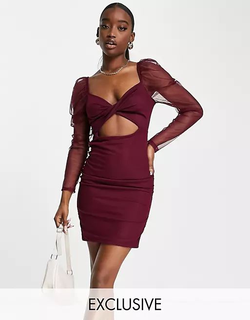 Rebellious Fashion exclusive twist front ruched mini dress in berry | ASOS (Global)