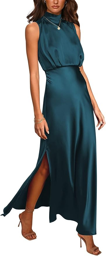 PRETTYGARDEN Women's Summer Long Formal Satin Dress Mock Neck Sleeveless Side Slit Flowy Maxi Tan... | Amazon (US)
