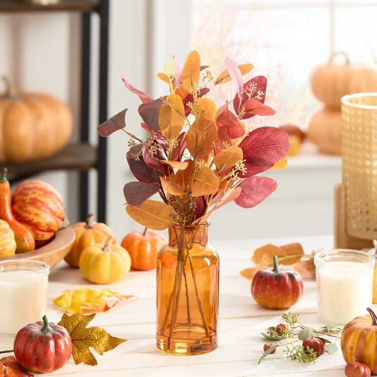 Mainstays Fall Decorative Amber Glass Vase with Artificial Brown Eucalyptus Foliage | Walmart (US)