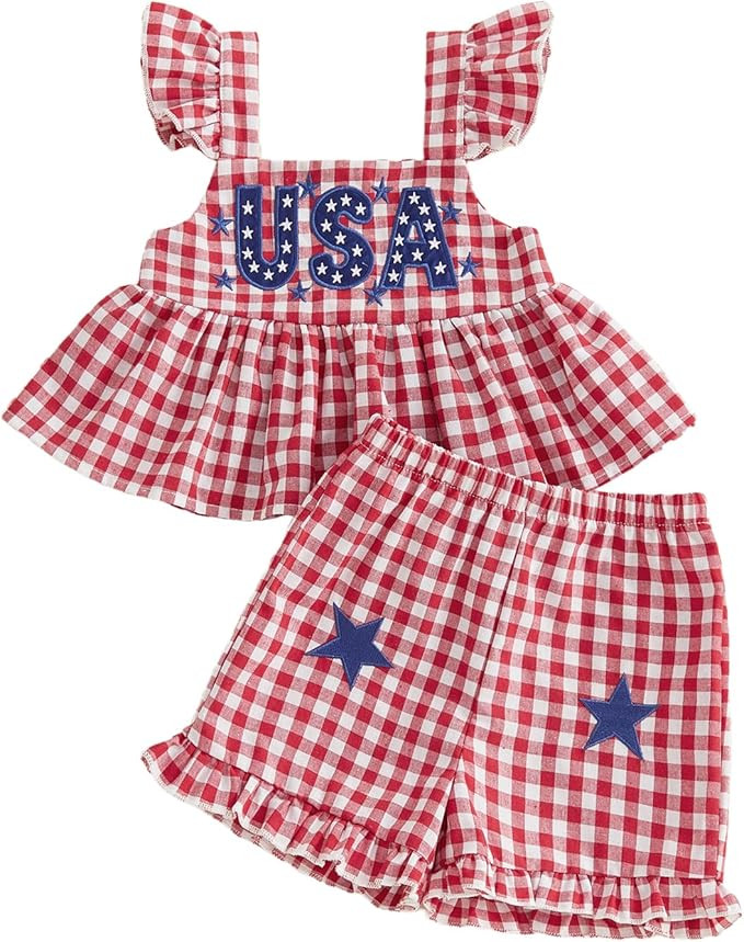 MoZiKQin Toddler Baby Girl 4th of July Outfit American Flag Ruffle Shirt Stars Print Shorts Memor... | Amazon (US)