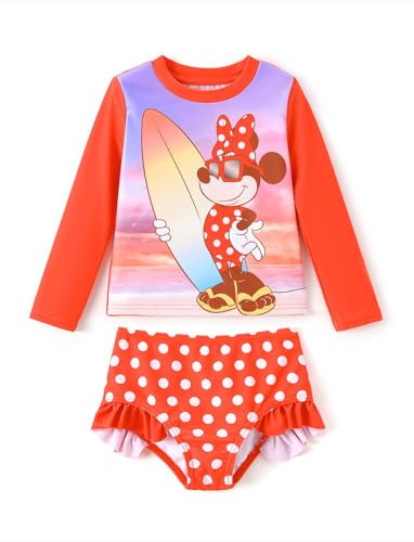 Disney Mickey and Friends Minnie Mouse Swimsuit Little Girl Long Sleeve Bathing Suit Two Piece UPF 50+ Rash Guard Tankini Swimwear Set Summer Beach Swim Suits Ruffle Swimming Suit Red Size 4-5 Years | Amazon (US)