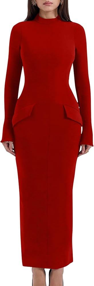 YMDUCH Women's Long Sleeve Mock Turtle Neck Bodycon Back Slit Club Party Long Pencil Dress | Amazon (US)