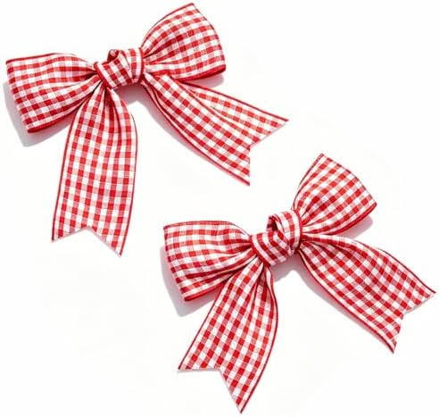 2PCS Red White Gingham Hair Bows for Girls, 3'' Plaid Clips | Handmade Gingham Ribbon Hair Access... | Amazon (US)