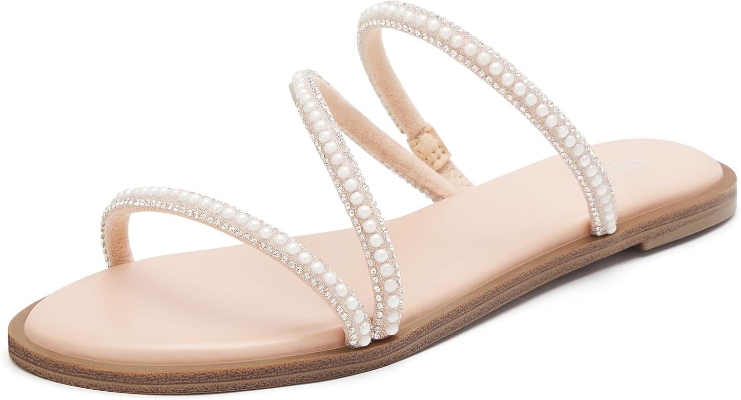 REDTOP Women's Rhinestone Flat Sandals Slip on Memory Foam Sandals Open Toe Slide Sandals | Amazon (US)