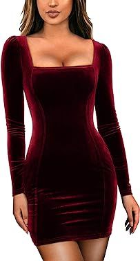 GOBLES Womens Sexy Velvet Long Sleeve Bodycon Elegant Mini Party Dress | Amazon (US)