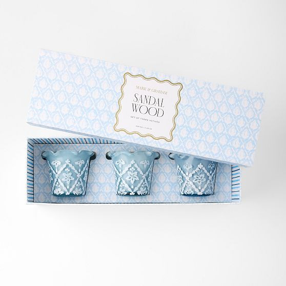 Hand Painted Block Print Candle, Votive Set of 3 - Balsam & Cedar | Mark and Graham
