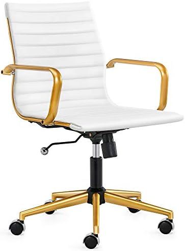 LUXMOD Gold Office Chair in White Leather, Mid Back Office Chair with Armrest, White and Gold Erg... | Amazon (US)