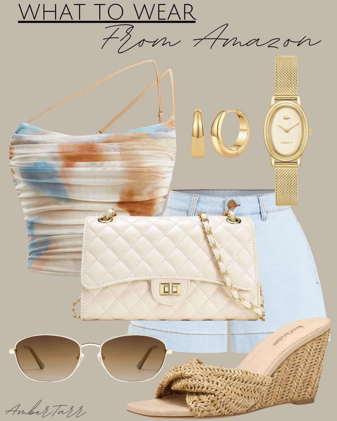 Colorful summer outfit from Amazon that is fun, feminine, and perfect for warm weather. This watercolor print ruched crop top paired with light wash denim shorts, a cream quilted chain crossbody bag, raffia wedge sandals, gold aviator sunglasses, gold hoop earrings, and a dainty gold watch is the perfect casual summer look for brunch, a beach day, or a relaxed summer outing. Easy to wear and effortlessly stylish.

#LTKOver40 #LTKootd #LTKgrwm