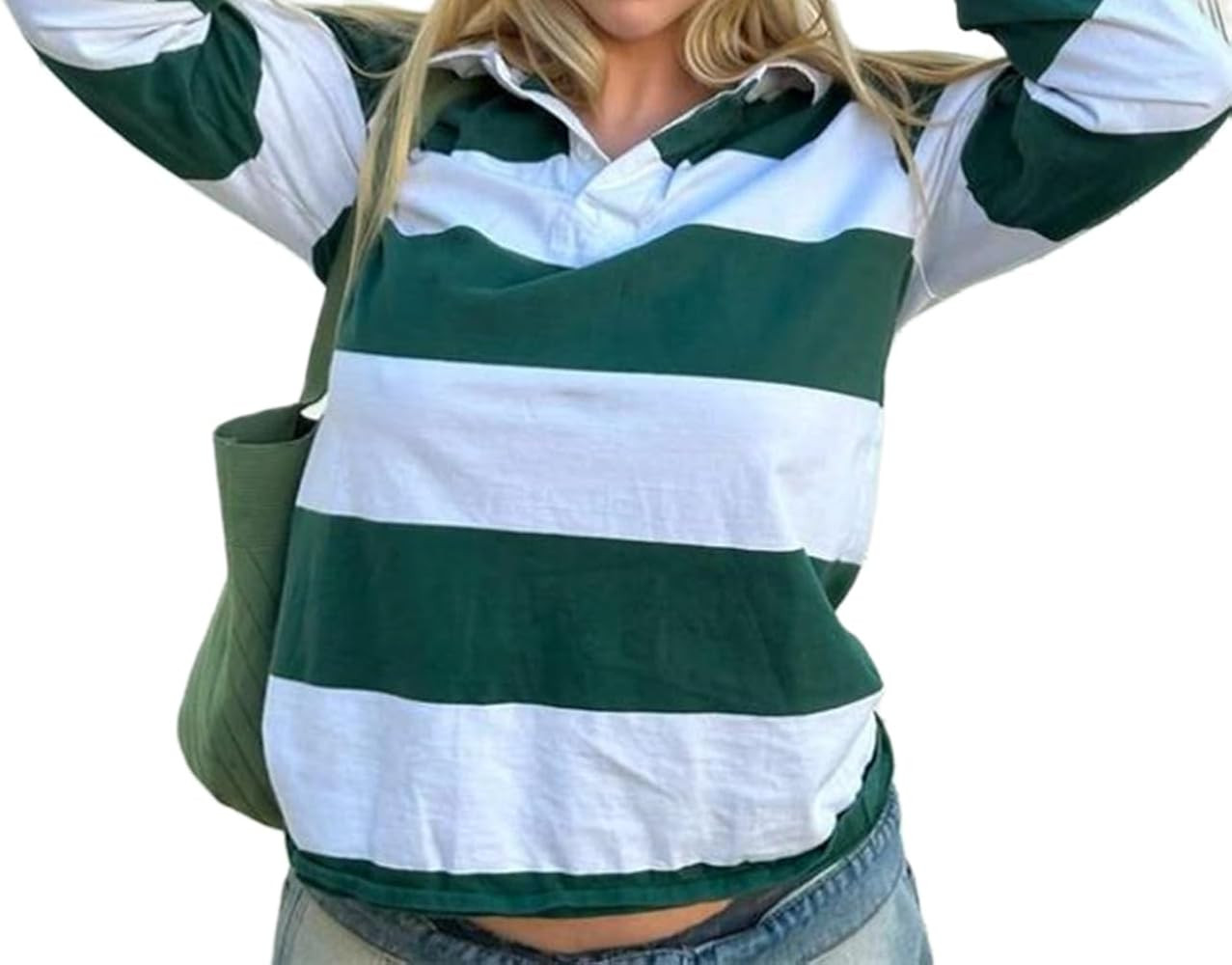 Women Striped Rugby Shirt Y2k Long Sleeve Oversized Polo Sweatshirt Vintage Collared Shirt Pullov... | Amazon (US)